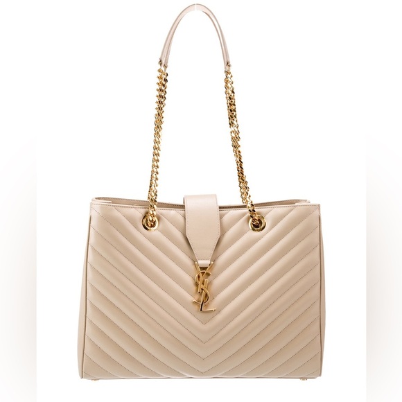 Reserved-Saint Laurent Monogram Shopper Tote Bag Quilted Tan - Picture 16 of 17